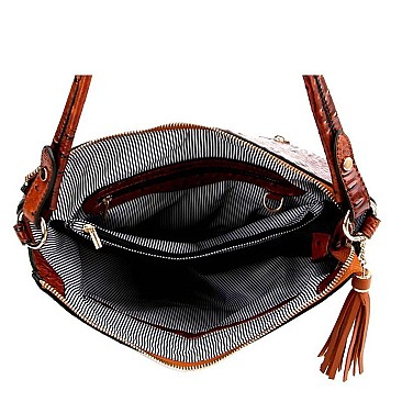 STUDDED OSTRICH PRINT TASSEL HOBO WALLET SET