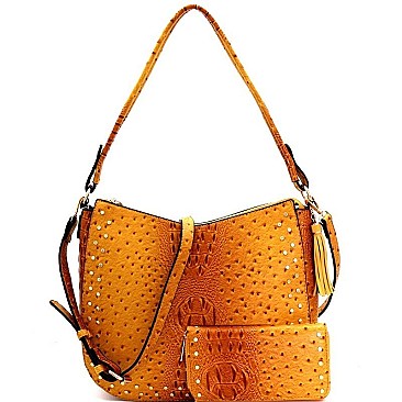 STUDDED OSTRICH PRINT TASSEL HOBO WALLET SET