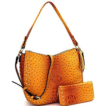 STUDDED OSTRICH PRINT TASSEL HOBO WALLET SET