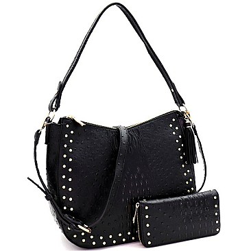 STUDDED OSTRICH PRINT TASSEL HOBO WALLET SET