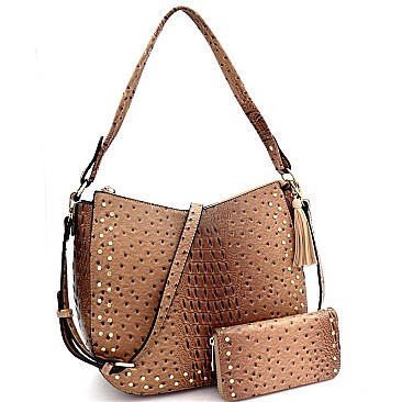 STUDDED OSTRICH PRINT TASSEL HOBO WALLET SET