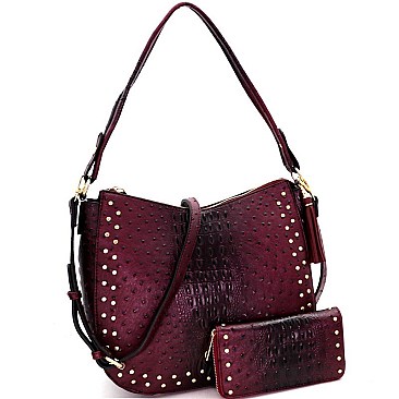 STUDDED OSTRICH PRINT TASSEL HOBO WALLET SET