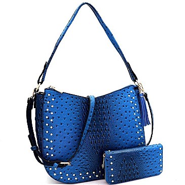 STUDDED OSTRICH PRINT TASSEL HOBO WALLET SET