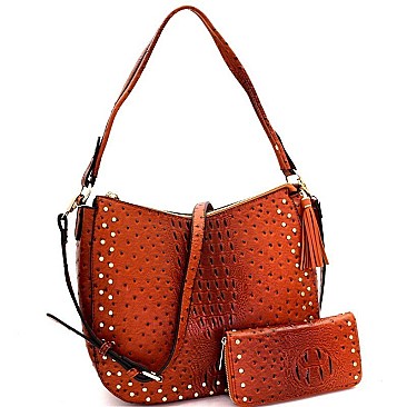 STUDDED OSTRICH PRINT TASSEL HOBO WALLET SET