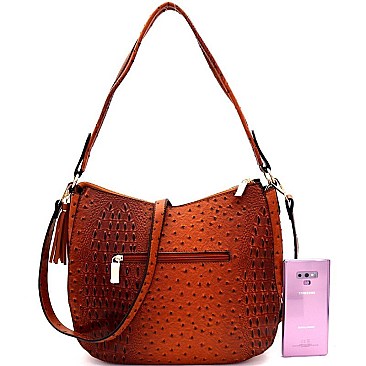 STUDDED OSTRICH PRINT TASSEL HOBO WALLET SET