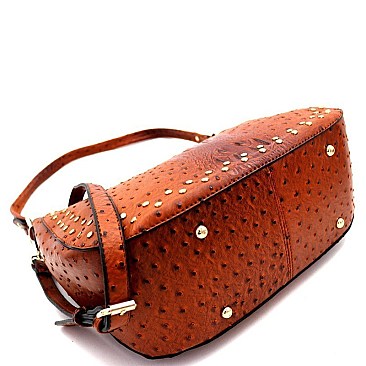 STUDDED OSTRICH PRINT TASSEL HOBO WALLET SET