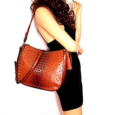STUDDED OSTRICH PRINT TASSEL HOBO WALLET SET