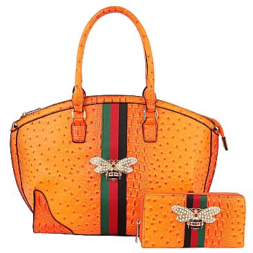 Ostrich Croc Queen Bee Stripe 2-in-1 Satchel - Tote