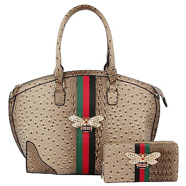 Ostrich Croc Queen Bee Stripe 2-in-1 Satchel - Tote