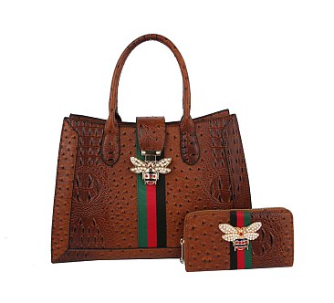 2-in-1 Ostrich Croc Queen Bee Stripe Satchel / Wallet Set WHOLESALE