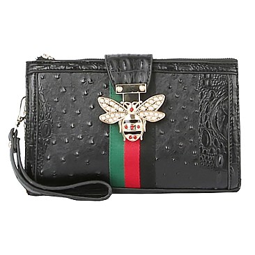 Queen Bee Stripe Ostrich Croc Crossbody Clutch Wristlet