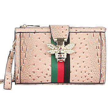 Queen Bee Stripe Ostrich Croc Crossbody Clutch Wristlet