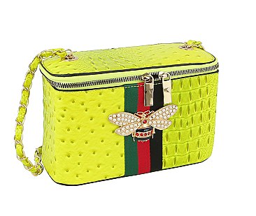 Ostrich Croc Queen Bee Stripe Boxy Crossbody Bag Satchel