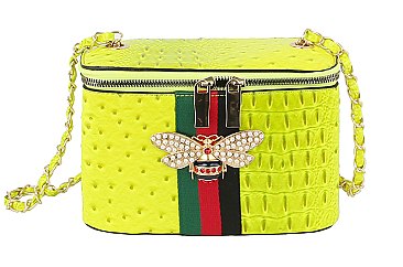 Ostrich Croc Queen Bee Stripe Boxy Crossbody Bag Satchel