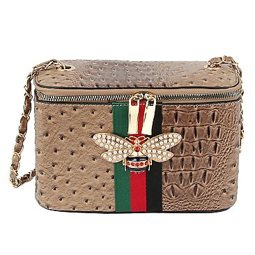 Ostrich Croc Queen Bee Stripe Boxy Crossbody Bag Satchel