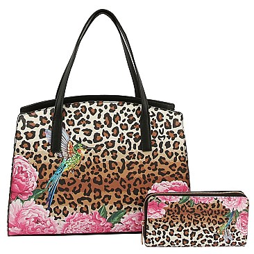 Flower Design Leopard Hummingbird 2-in-1 Satchel Set