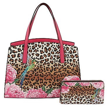 Flower Design Leopard Hummingbird 2-in-1 Satchel Set