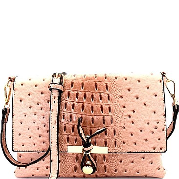 LR029O-LP Ostrich Print Embossed Knot Accent Flap Cross Body