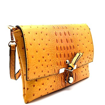 LR029O-LP Ostrich Print Embossed Knot Accent Flap Cross Body