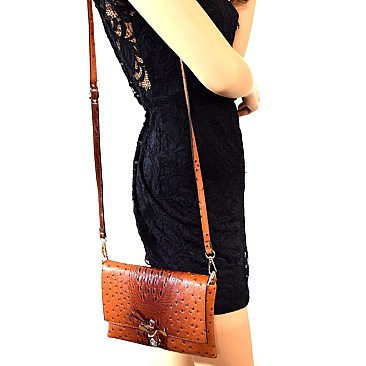 LR029O-LP Ostrich Print Embossed Knot Accent Flap Cross Body