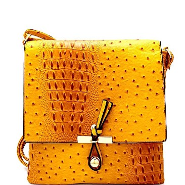 LR030O-LP Ostrich Embossed Knot Accent Large Flap Cross Body