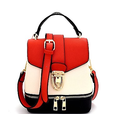 LS2191-LP Push-lock Color Block Zipper Accent 2 Way Medium Satchel
