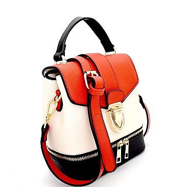 LS2191-LP Push-lock Color Block Zipper Accent 2 Way Medium Satchel