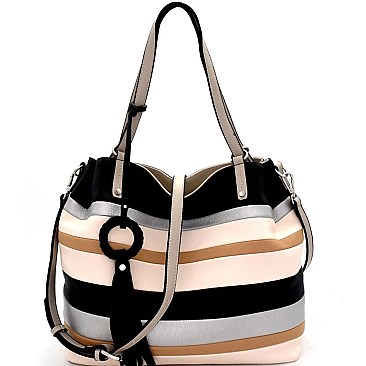 LSD008-LP Tassel Accent Color Block Stripe Embossed Tote