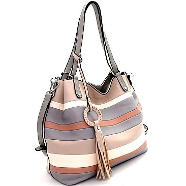 LSD008-LP Tassel Accent Color Block Stripe Embossed Tote