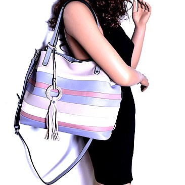 LSD008-LP Tassel Accent Color Block Stripe Embossed Tote