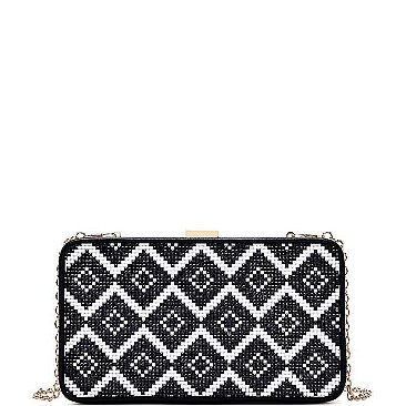 FASHION BEADED PATTERN STRUCTURED BOX CLUTCH WITH CHAIN JYLT-810