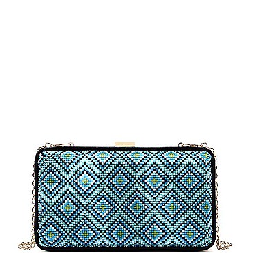 FASHION BEADED PATTERN STRUCTURED BOX CLUTCH WITH CHAIN JYLT-810