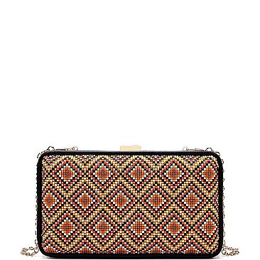 FASHION BEADED PATTERN STRUCTURED BOX CLUTCH WITH CHAIN JYLT-810
