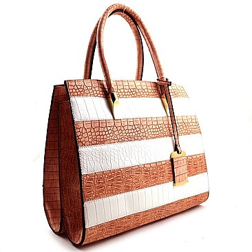 Crocodile Embossed Stripe Compartment Tote