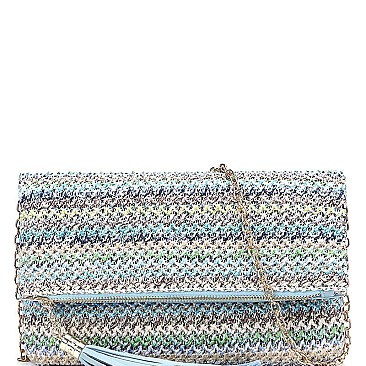 Tassel Accent Woven Straw Fold-Over Clutch MH-LT6530