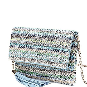 Tassel Accent Woven Straw Fold-Over Clutch MH-LT6530