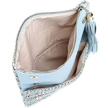 Tassel Accent Woven Straw Fold-Over Clutch MH-LT6530