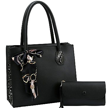 Accordion Side Scarf Accent Snake Print Satchel Clutch SET
