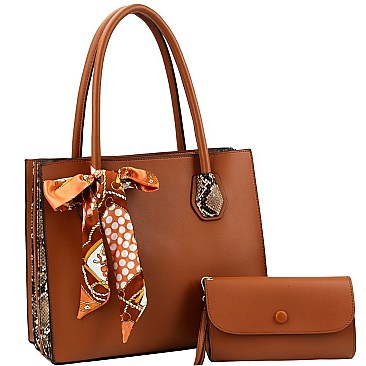 Accordion Side Scarf Accent Snake Print Satchel Clutch SET