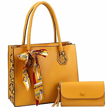 Accordion Side Scarf Accent Snake Print Satchel Clutch SET