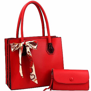 Accordion Side Scarf Accent Snake Print Satchel Clutch SET