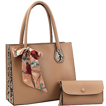 Accordion Side Scarf Accent Snake Print Satchel Clutch SET