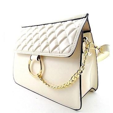 Patent Quilted Flap Cross Body Messenger With Chain Accent
