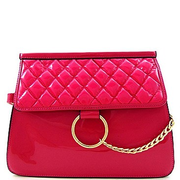 Patent Quilted Flap Cross Body Messenger With Chain Accent