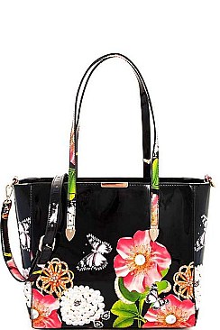 STYLISH 2IN1 GLOSSY FLOWER TOTE WITH LONG STRAP  JYLY-095-2W