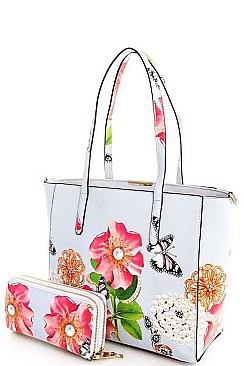 STYLISH 2IN1 GLOSSY FLOWER TOTE WITH LONG STRAP  JYLY-095-2W
