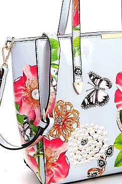 STYLISH 2IN1 GLOSSY FLOWER TOTE WITH LONG STRAP  JYLY-095-2W