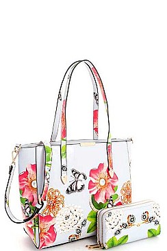 STYLISH 2IN1 GLOSSY FLOWER TOTE WITH LONG STRAP  JYLY-095-2W