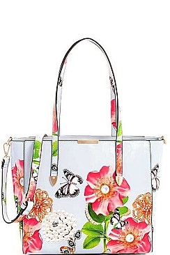 STYLISH 2IN1 GLOSSY FLOWER TOTE WITH LONG STRAP  JYLY-095-2W