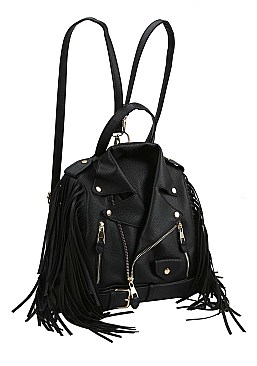 Moto Jacket Design Fringed Backpack / Shoulder Bag